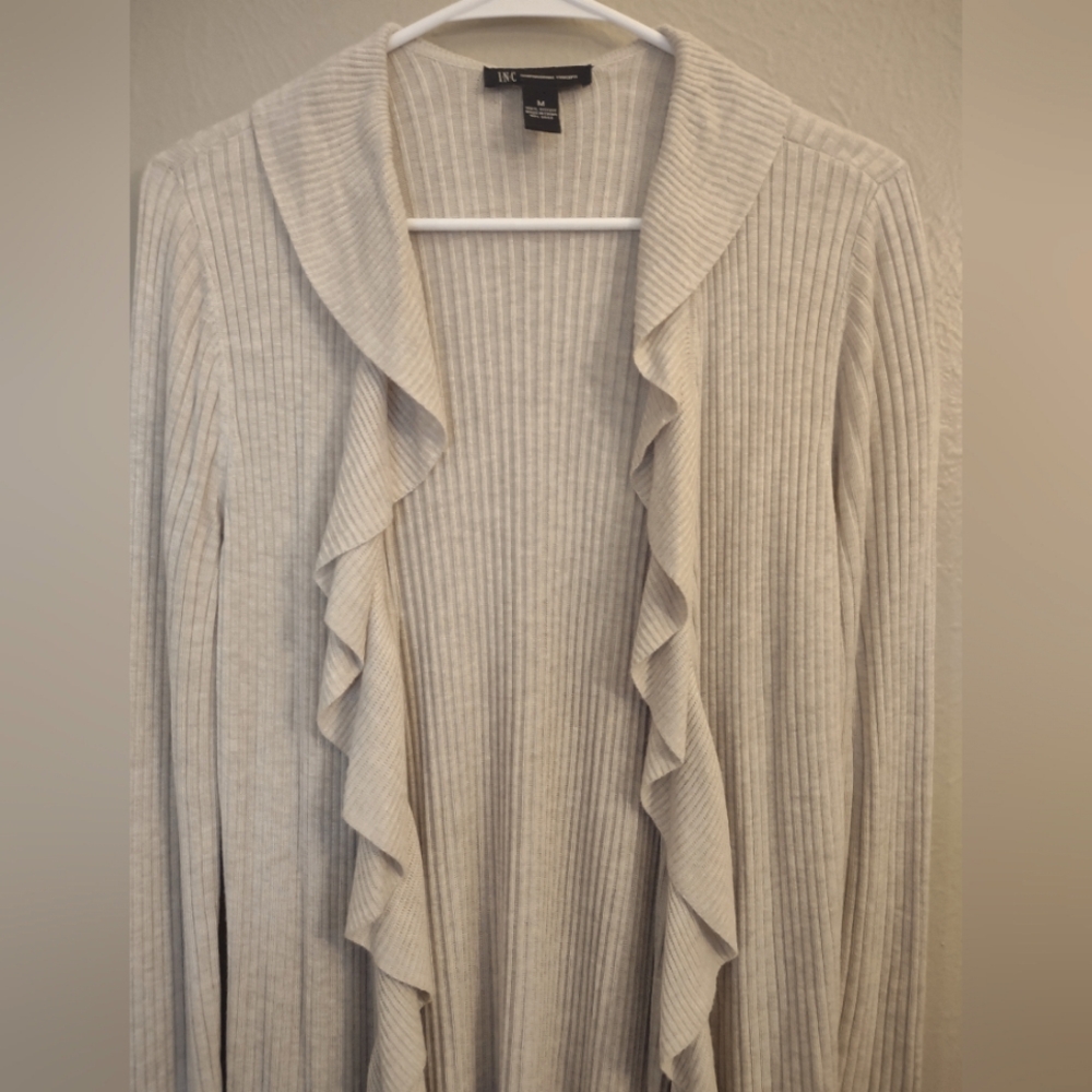 INC International Concepts Ruffle-Trim Ribbed Open Cardigan Sweater Beige - Picture 3 of 10